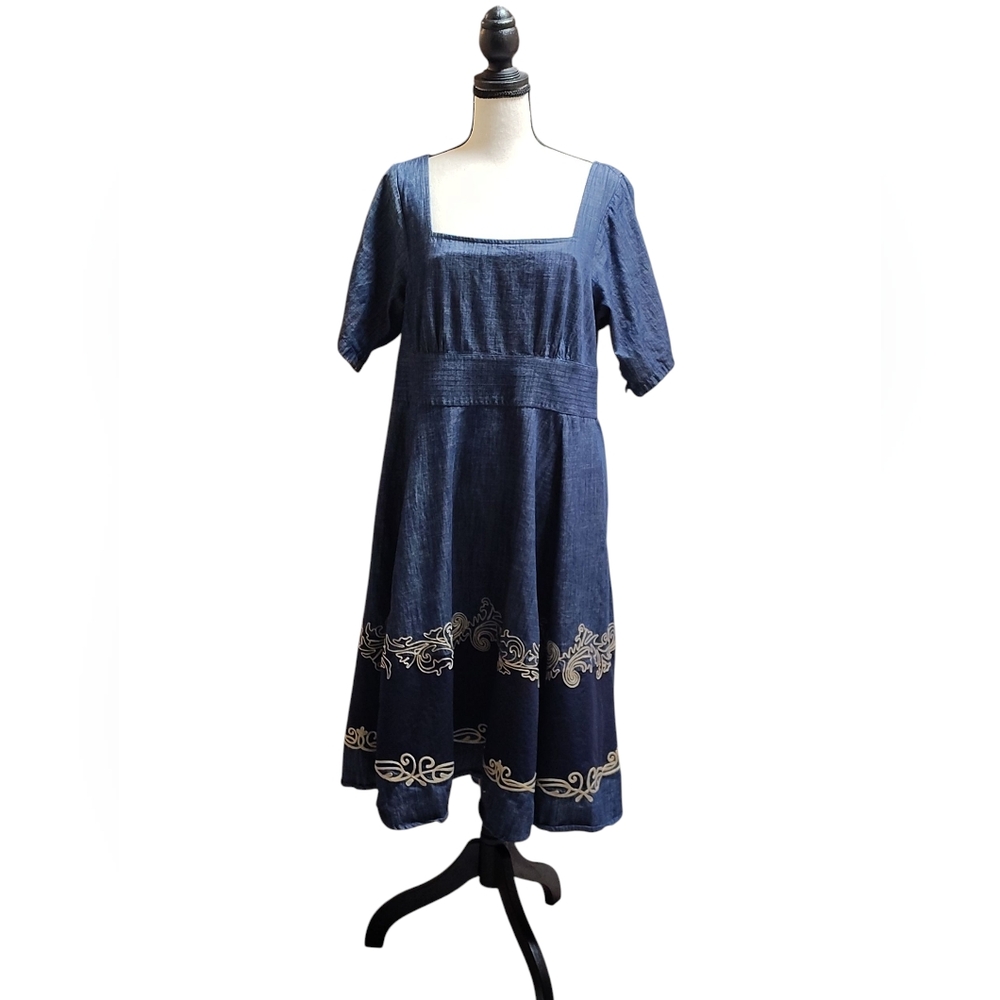 eShakti Filigree Embellished Denim Chambray Dress 100% Cotton Size Large